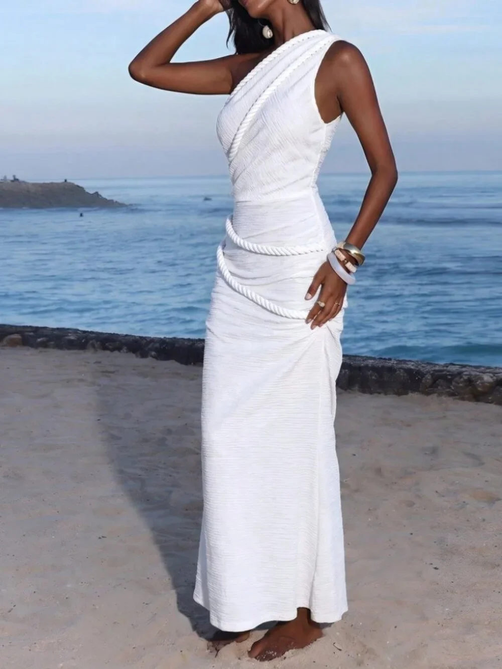 White One-Shoulder Rope Trim Mermaid Maxi Dress